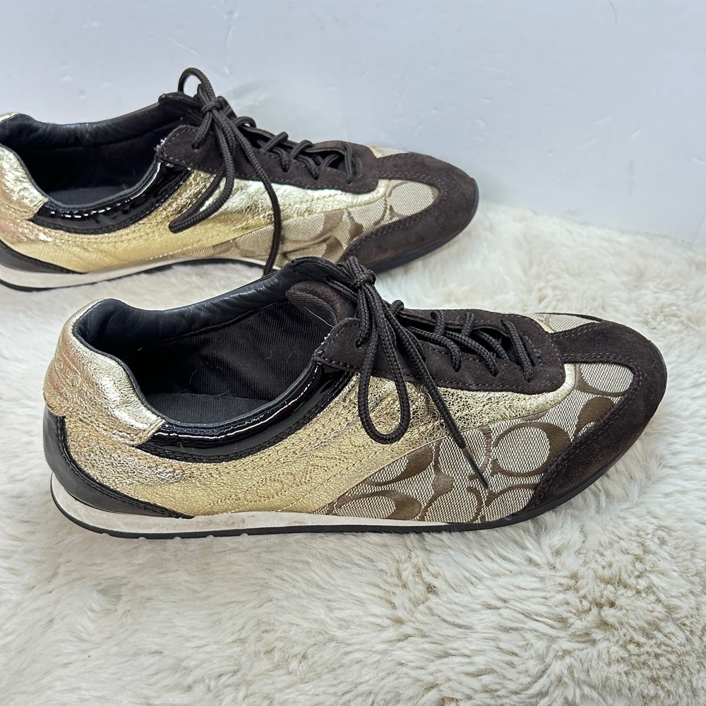 COACH Brown & Gold Monogram Sneakers Shoes Low Top Designer - Picture 5 of 11